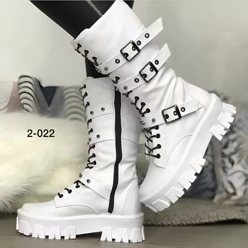 Black mid-calf women's knight boots with metal buckle and side zipper on a white background.