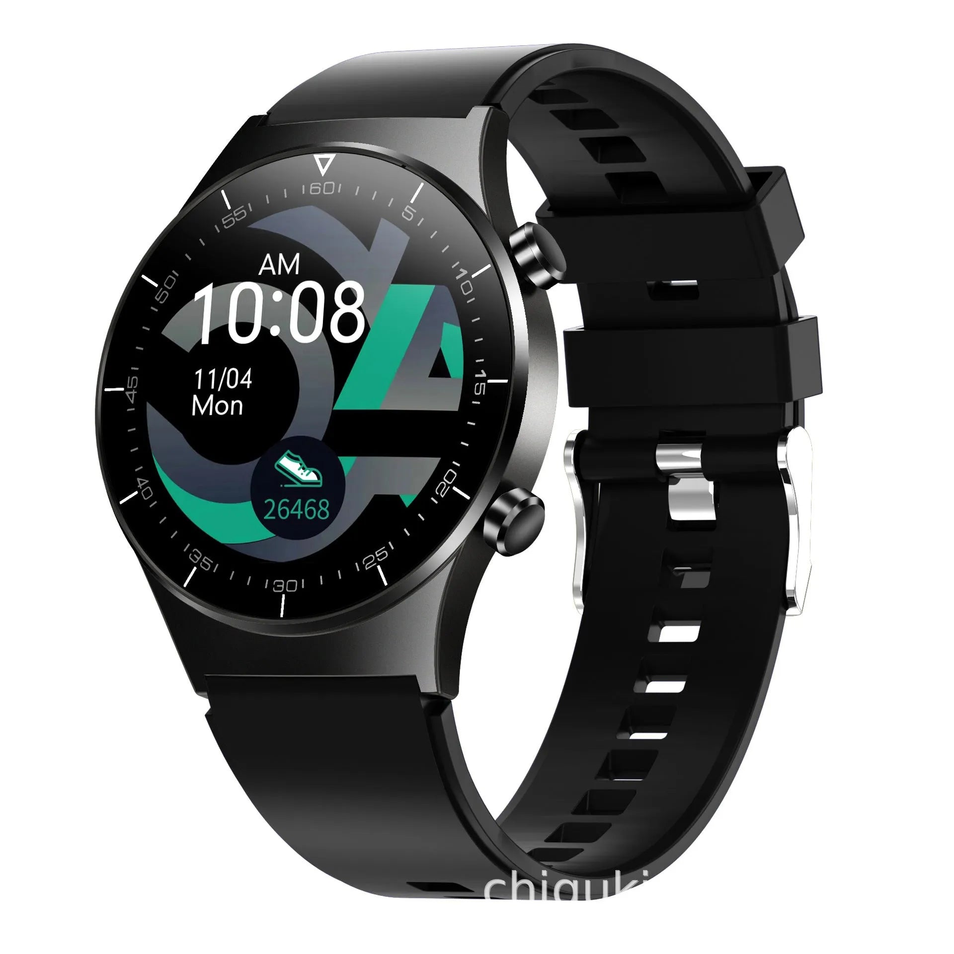 Black smart watch with astronaut bracelet on wrist, showing heart rate reading on 1.28-inch screen.
