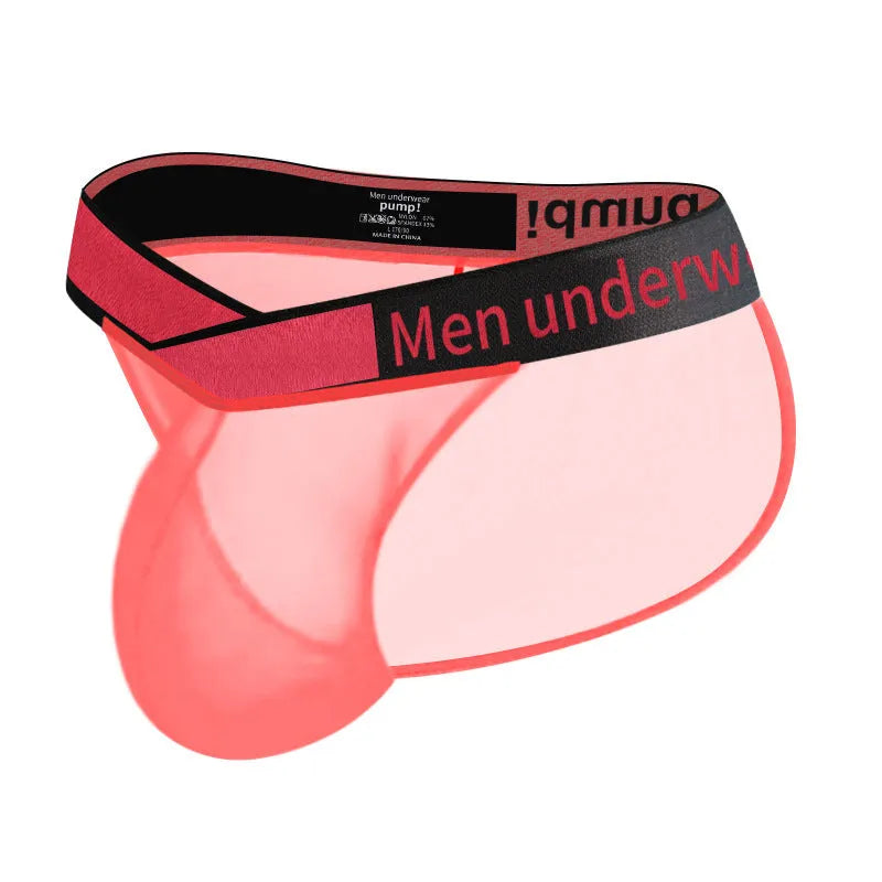 Men's transparent ice silk breathable briefs in red, black, or white with a large V gradient high fork design.