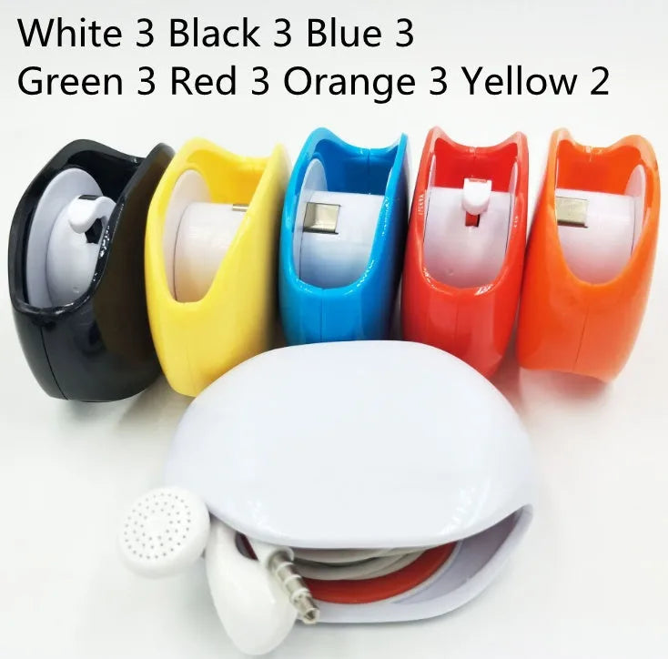 Automatic push-button earphone cable winder reel in assorted colours on a white background.