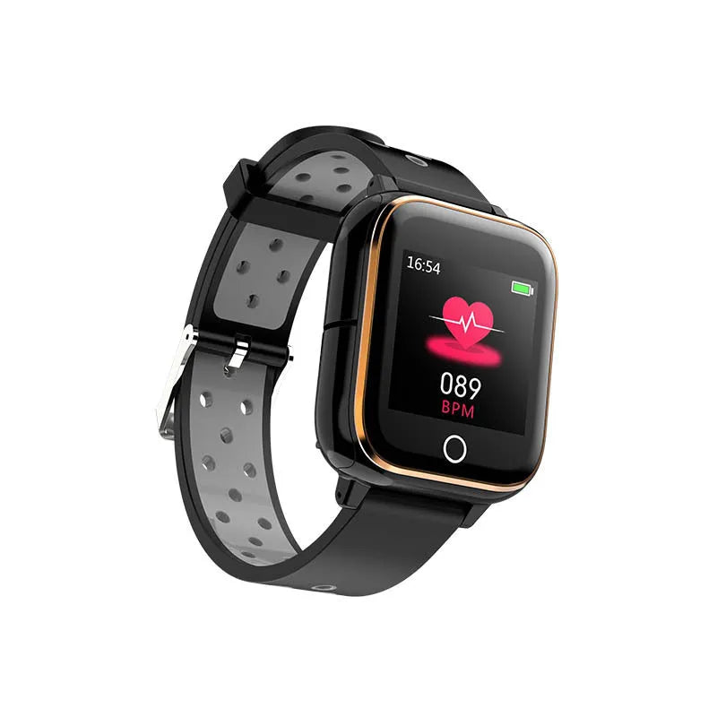 Black smartwatch with integrated Bluetooth earbuds showing heart rate monitoring on 1.4-inch screen