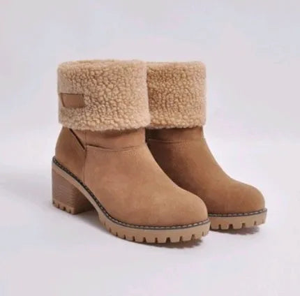 Women's suede mid-tube snow boots with a thick low heel in various colours