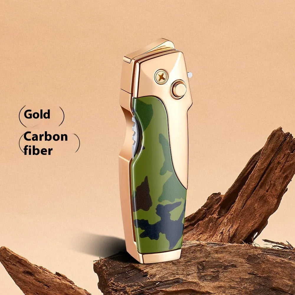 Zinc alloy folding lighter tool with integrated knife in a black wood grain finish.