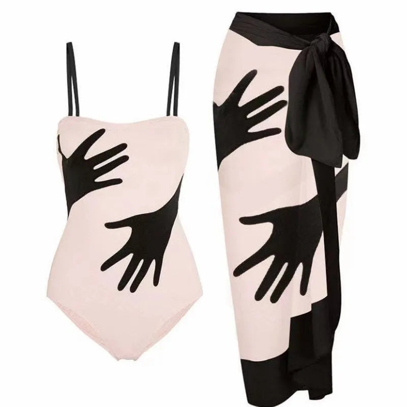 Women's one-piece bikini swimsuit with a gauze skirt cover-up.