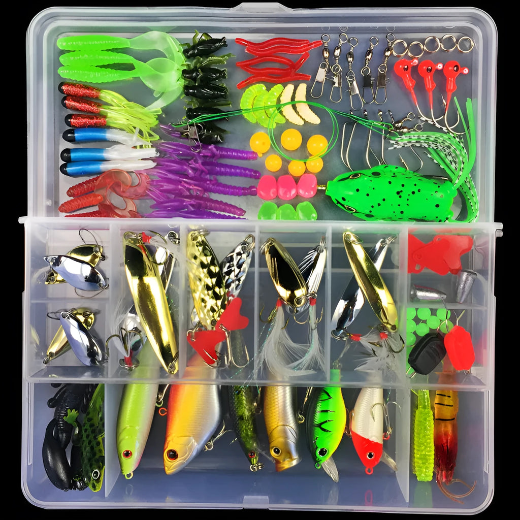 Junior fishing lure suit set in PP plastic storage box with multiple artificial baits