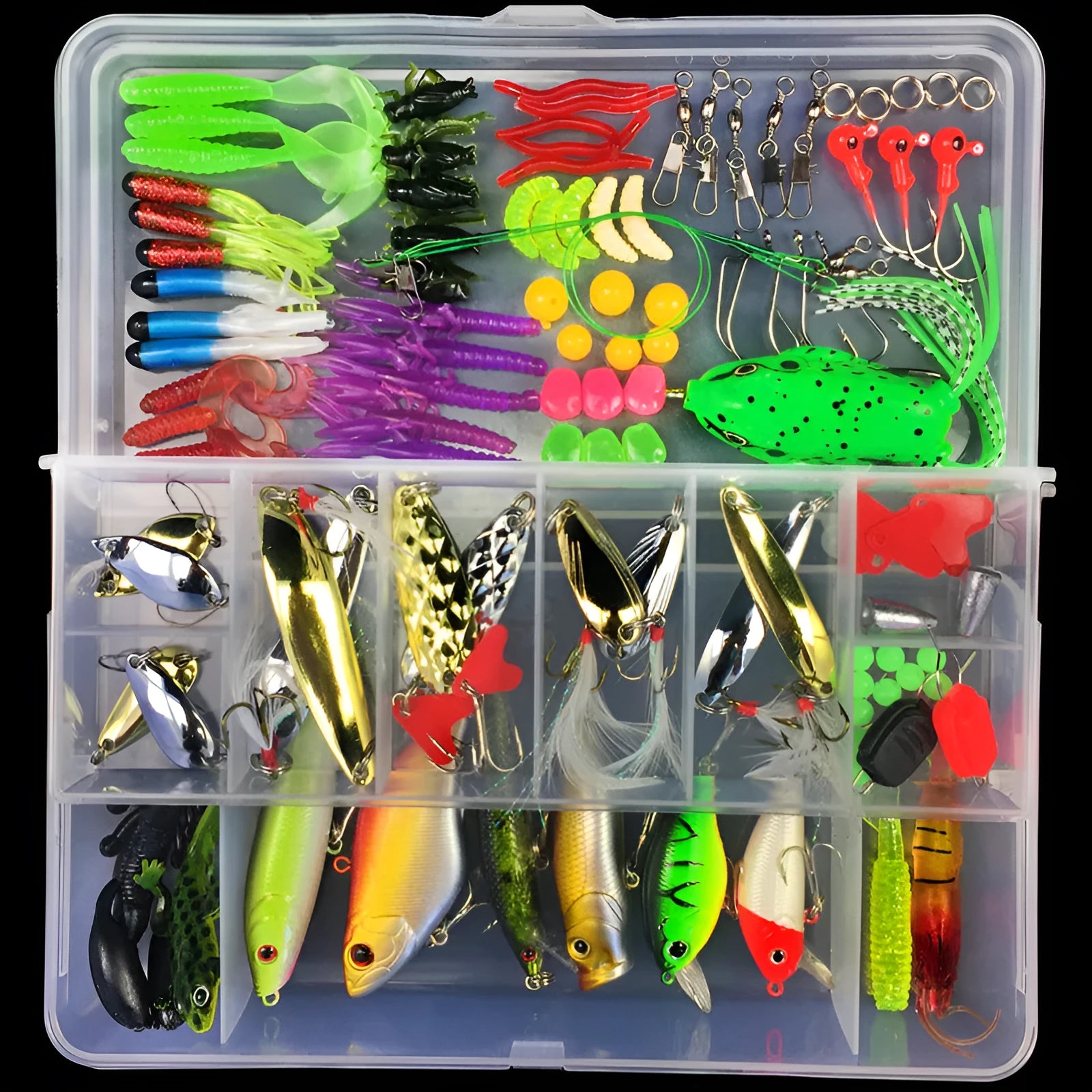 Junior fishing lure suit set in PP plastic storage box with multiple artificial baits
