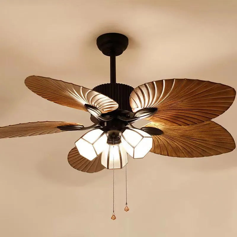 52-inch retro ceiling fan light with wooden blades and integrated lighting fixtures