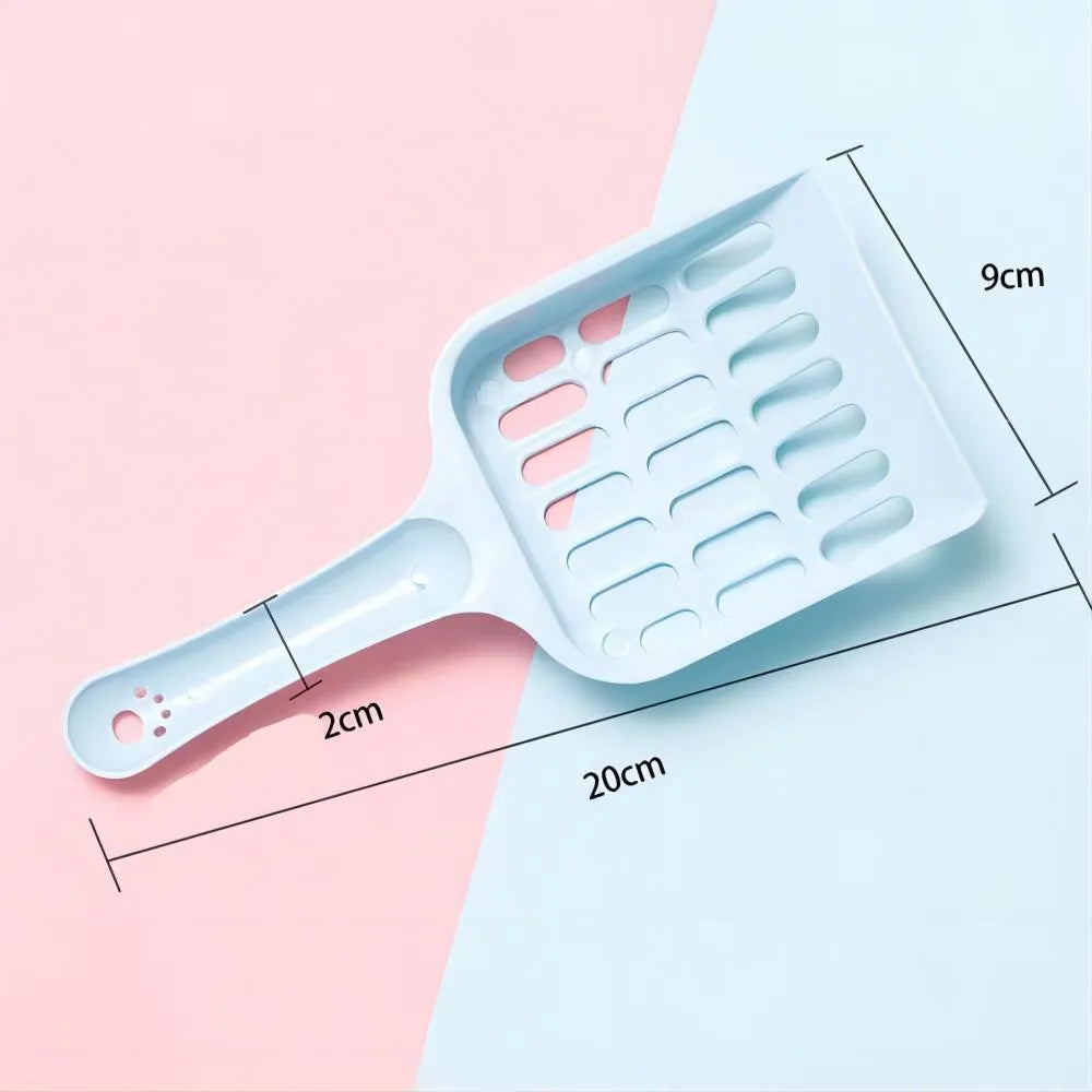 Blue plastic cat litter scoop for cleaning litter trays, 20cm long.