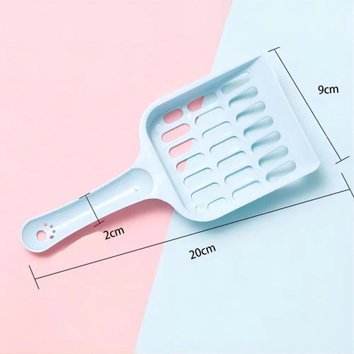 Blue plastic cat litter scoop for cleaning litter trays, 20cm long.