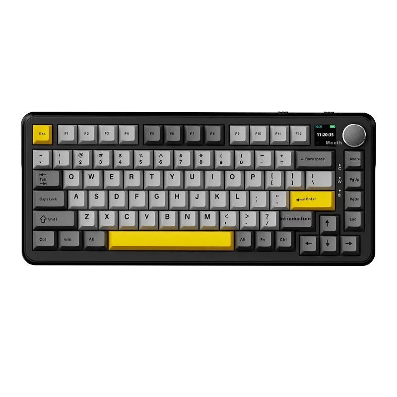 Three-mode mechanical keyboard in black grey and yellow with wireless connectivity and hot-swap design