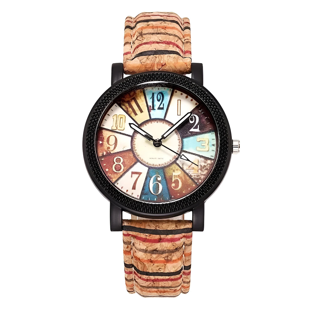 Women's vintage style quartz watch with brown leather strap and 37mm round silver dial