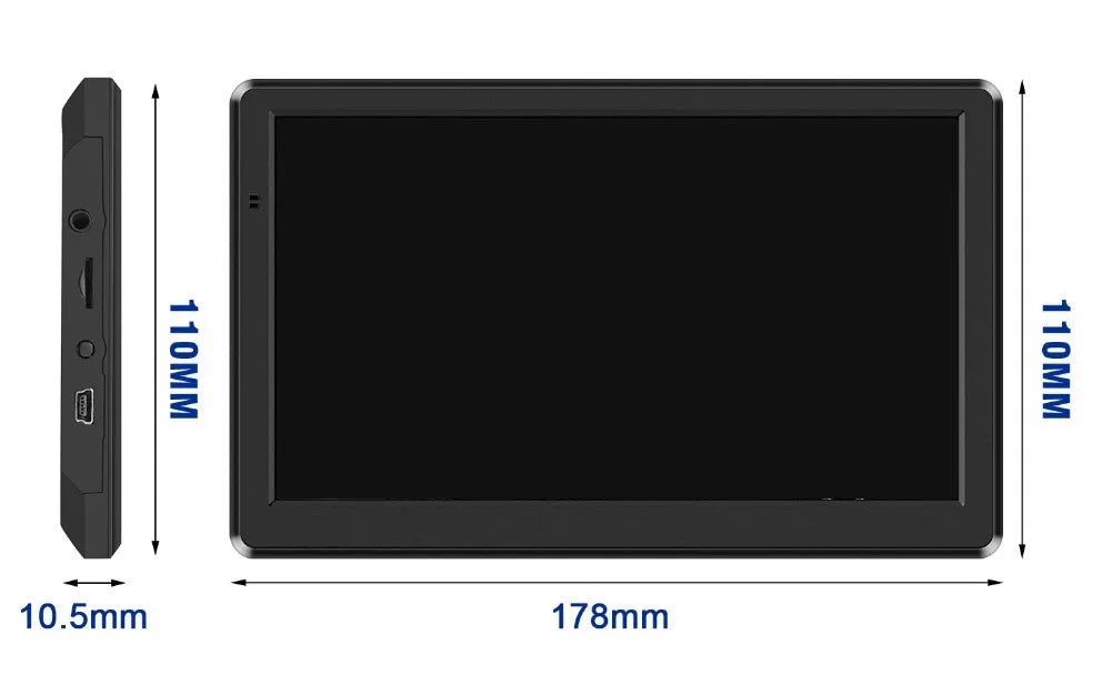 7 inch car GPS navigation device with touch screen displayed on a dashboard mount