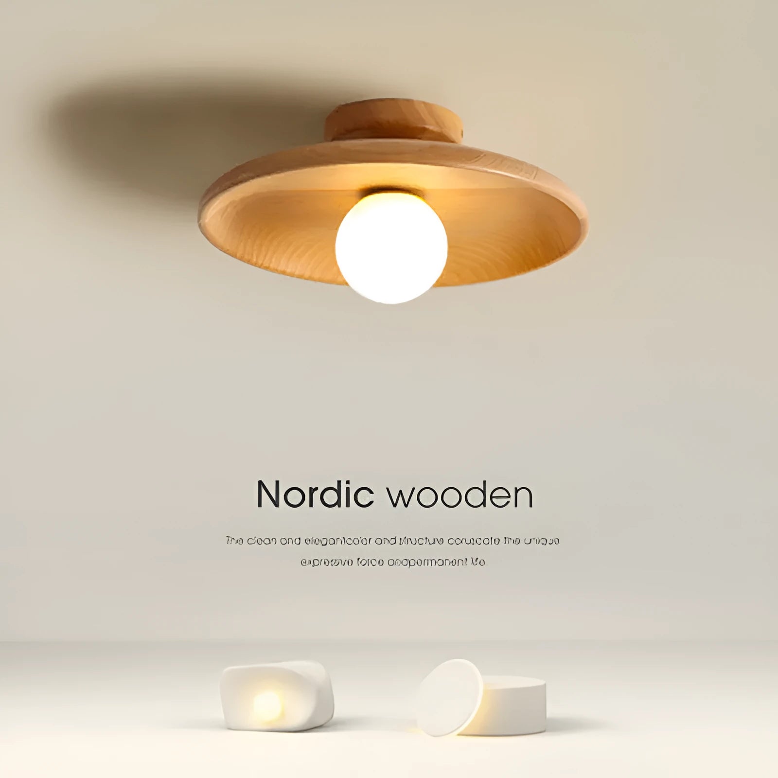 Modern solid wood and glass ceiling lamp in walnut colour showing three size options.