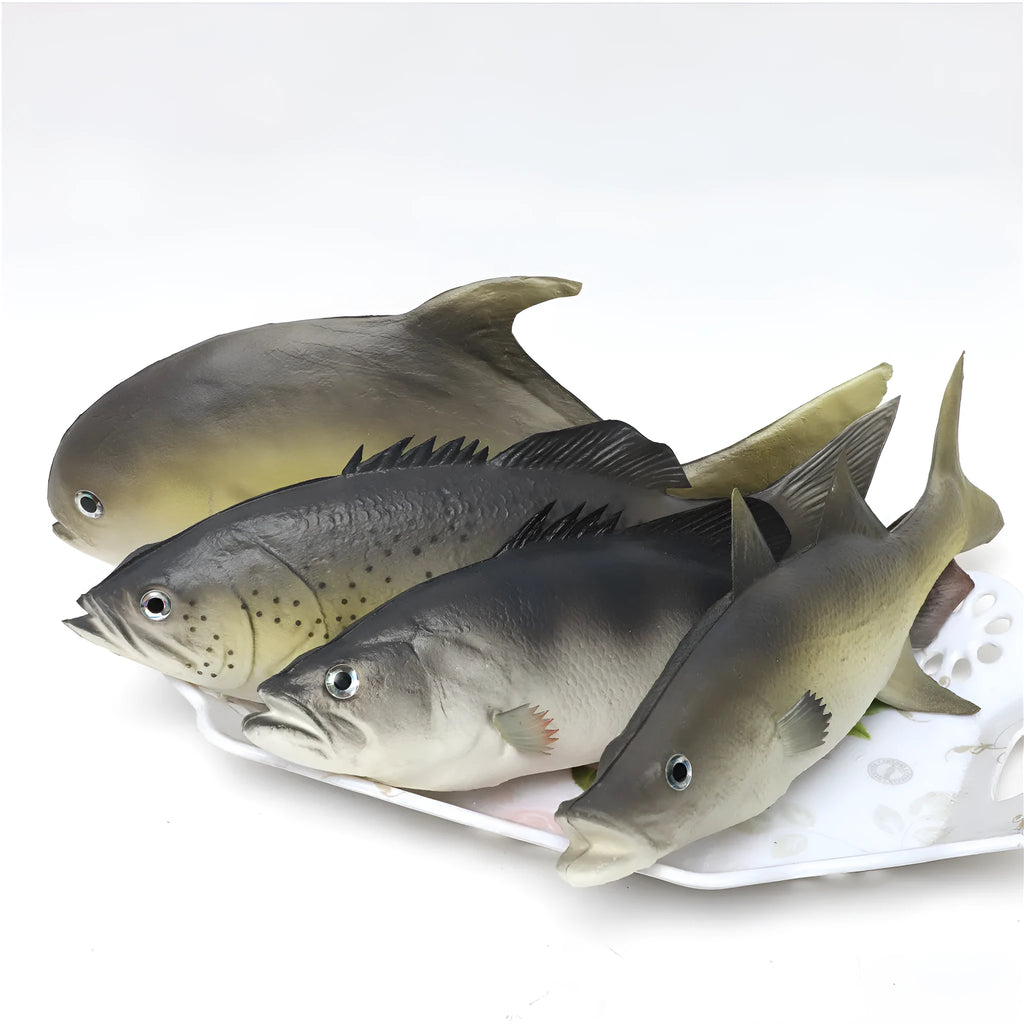 Set of three PU simulated fish ornaments: yellow-fin tuna, flower fish, small tuna, yellow croaker.