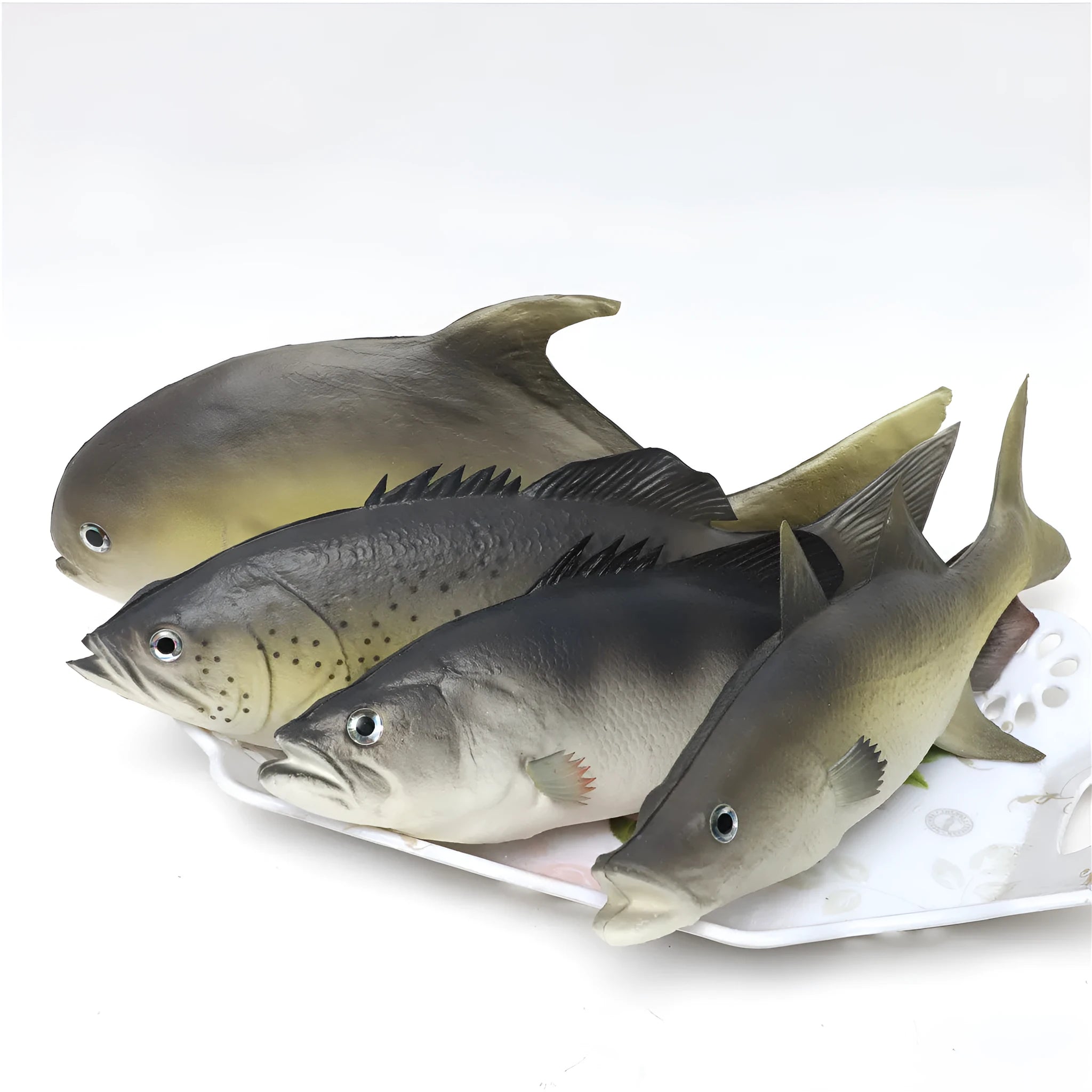 Set of three PU simulated fish ornaments: yellow-fin tuna, flower fish, small tuna, yellow croaker.