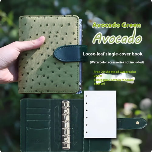 A7 loose-leaf watercolour notebook in avocado green, hazelnut brown, mango pudding, mocha coffee or rainforest green.