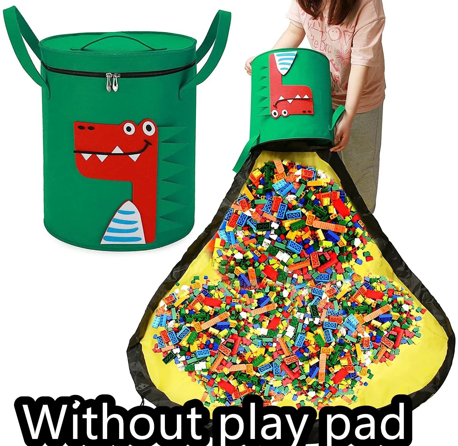 Green felt cube storage bag with pull rope shown as both toy container and play mat