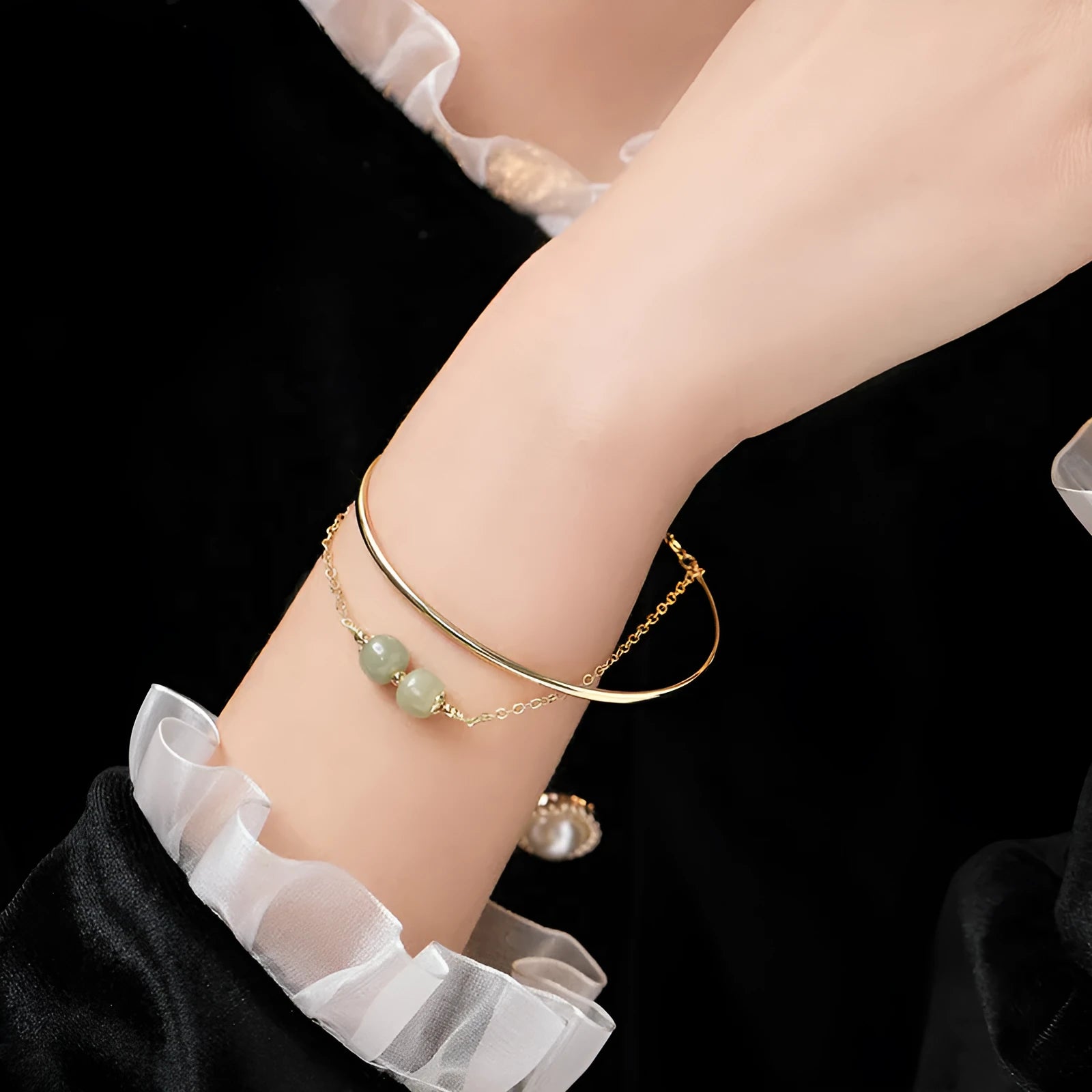 Women's Hetian jade lucky beads bracelet with gold inlay treatment in single, double, and three beads versions
