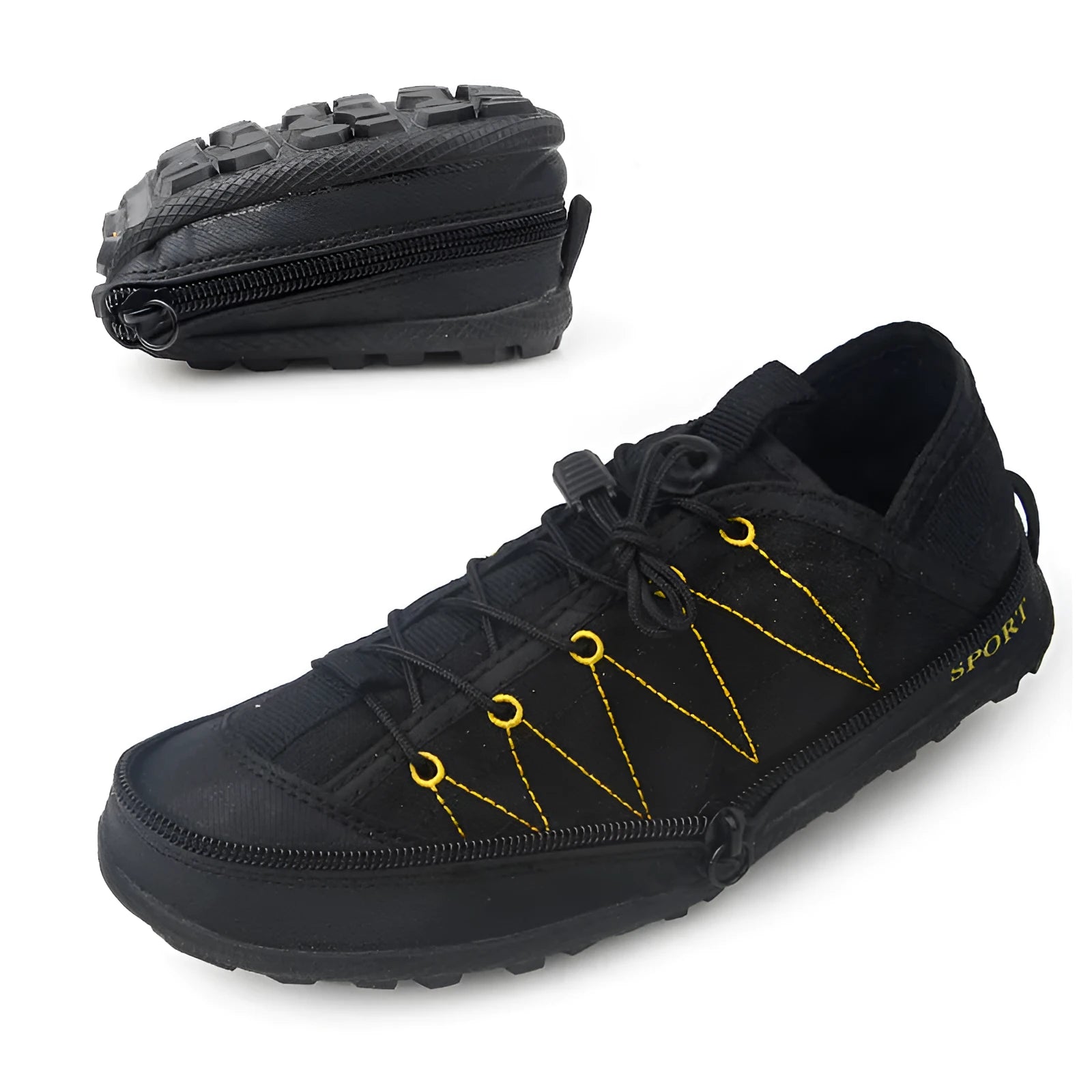 Folding outdoor travel shoes with side zipper and mesh upper in orange, black, and grey colour options