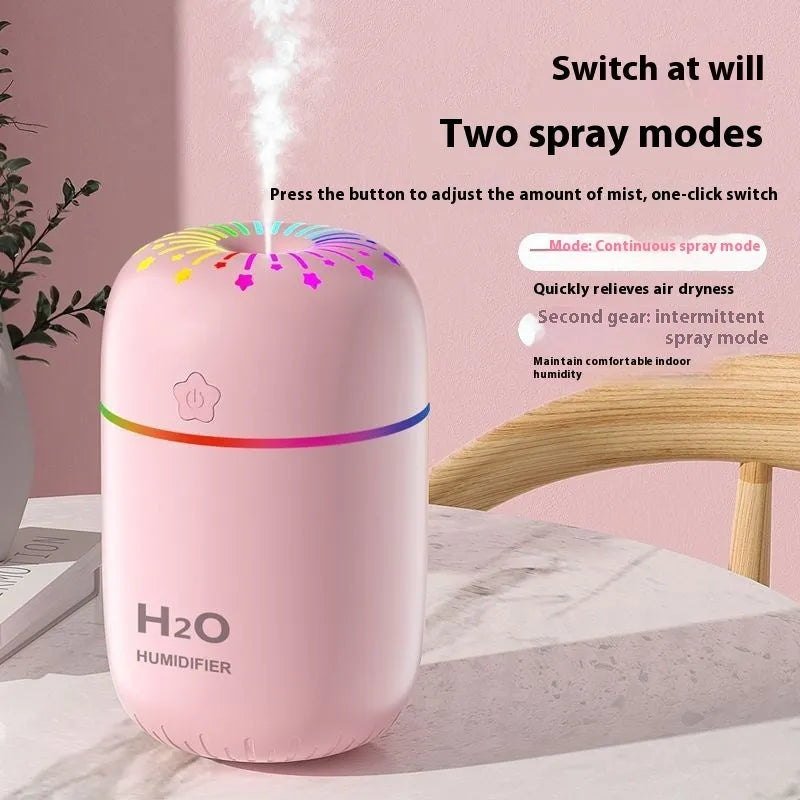 White pink or green mini USB humidifier with 300ml tank measuring 75x75x116mm