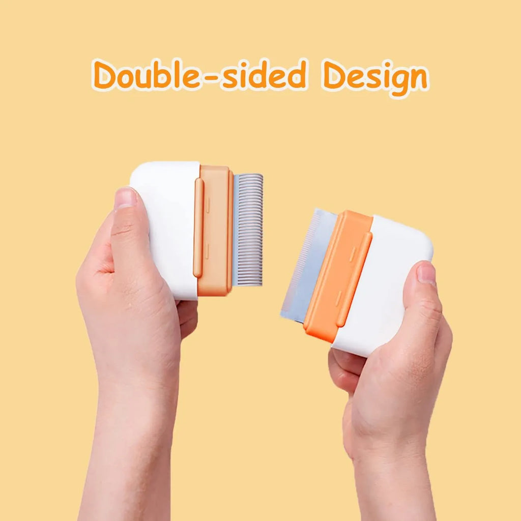 Blue dual-sided pet grooming comb for deshedding cats and dogs, showing stainless steel teeth.
