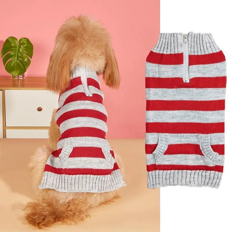 Grey dog sweater with contrast trim, horizontal front zipper, and a button pocket on a small dog.