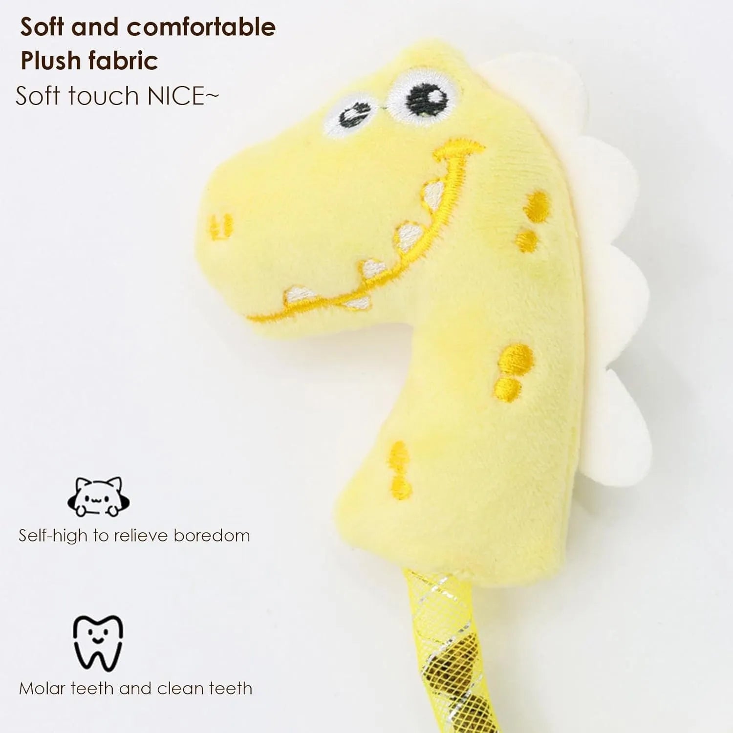 Four different cat chew toys including rope, spring, and plush kicker types in pink, purple, or yellow colours