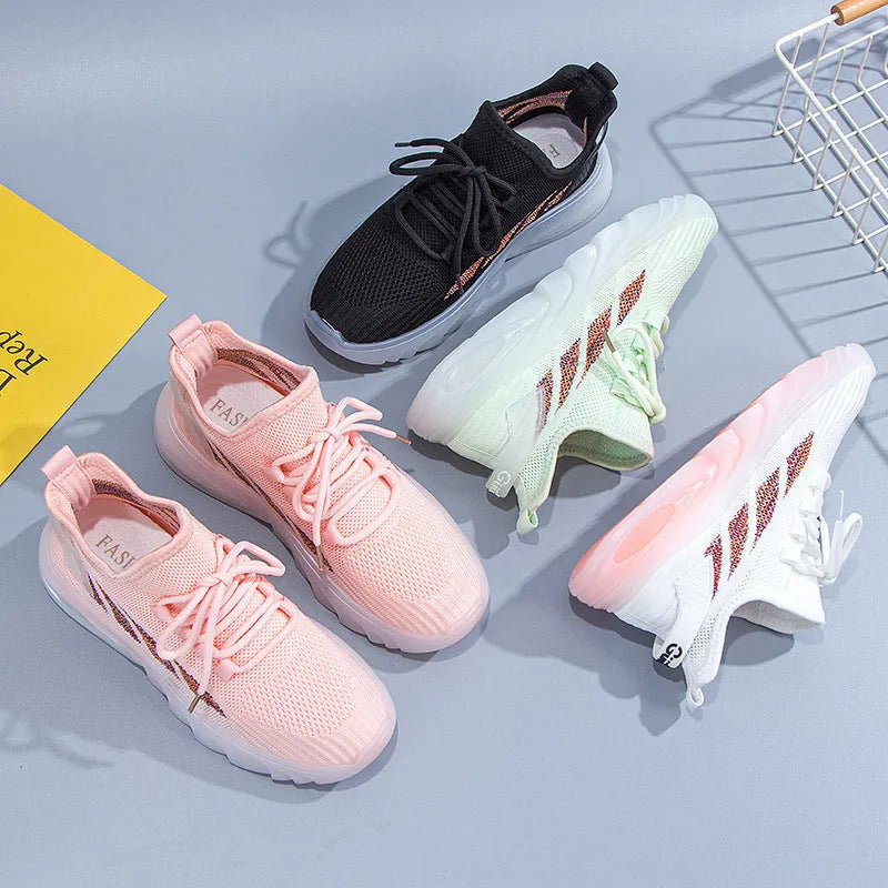 Women's cowhide sports casual shoes with flat heel in black, green, pink and white colour options