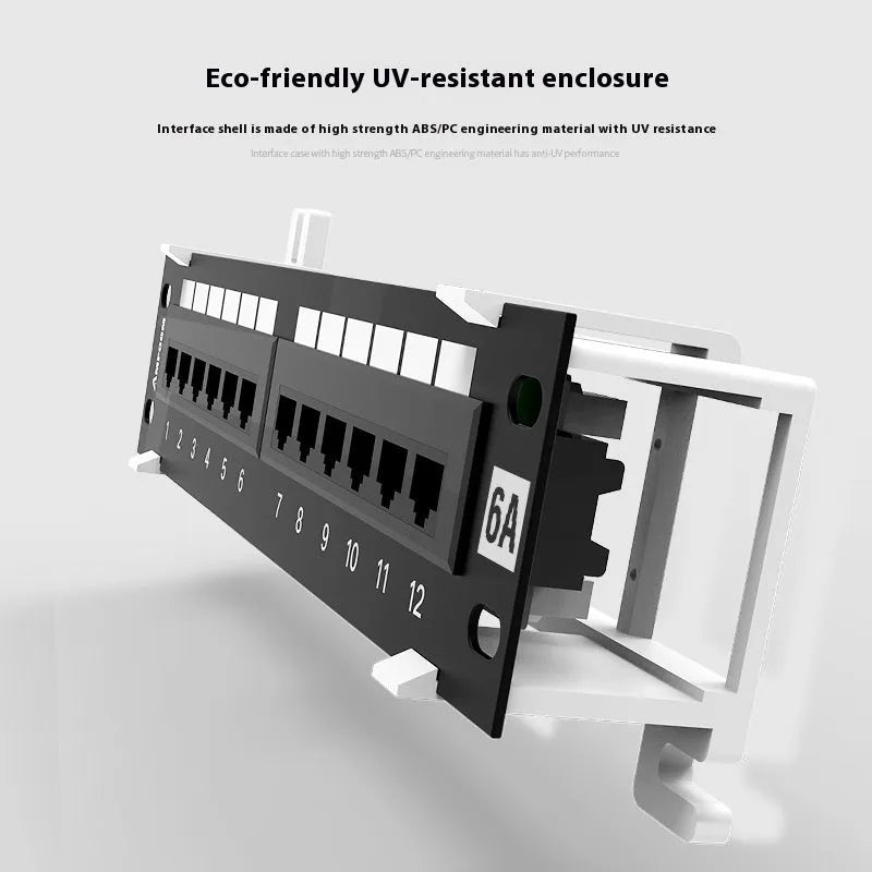 Black 12-port unshielded network patch panel made of steel for home cabling