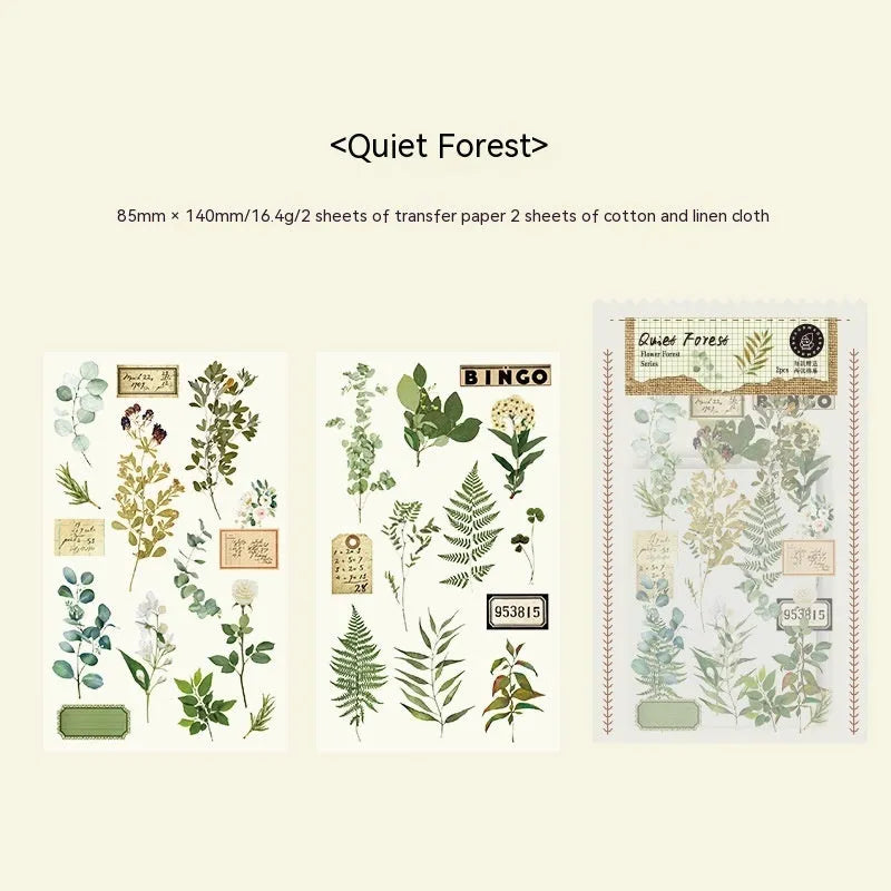 Huazhisen Series forest art style sticker pack showing 85x180mm transfer paper sheets with floral and forest designs