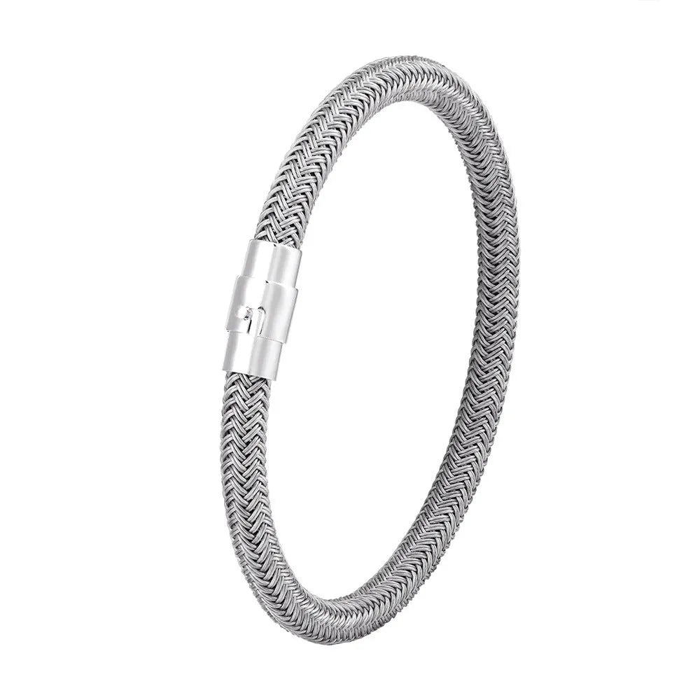 Titanium steel geometric wire bracelet with a magnetic clasp shown in various sizes.