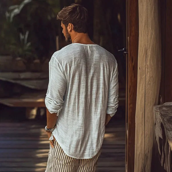 Beige long-sleeved T-shirt with V-neck collar and slim fit design