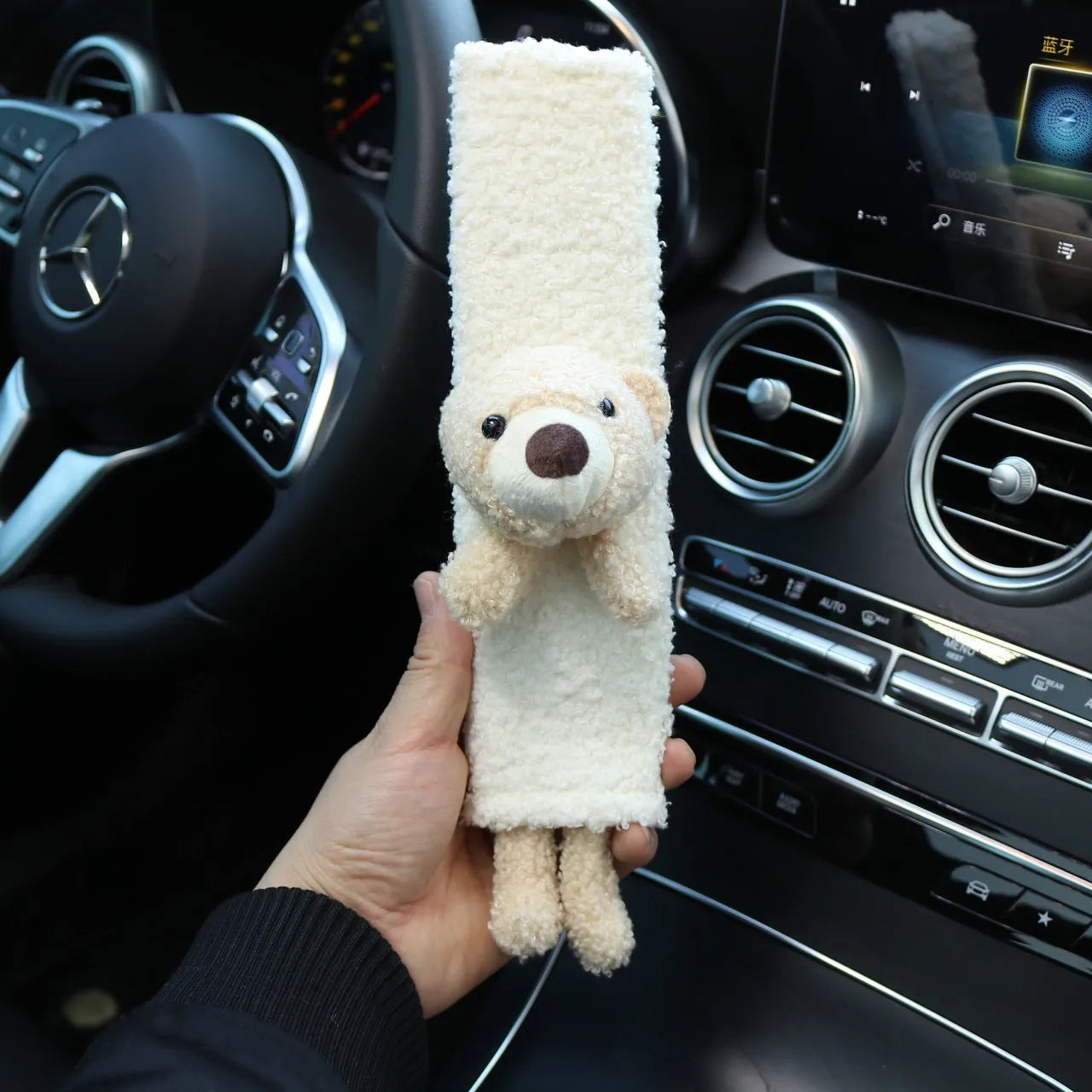 Lamb wool car seatbelt shoulder protector with cartoon bear design