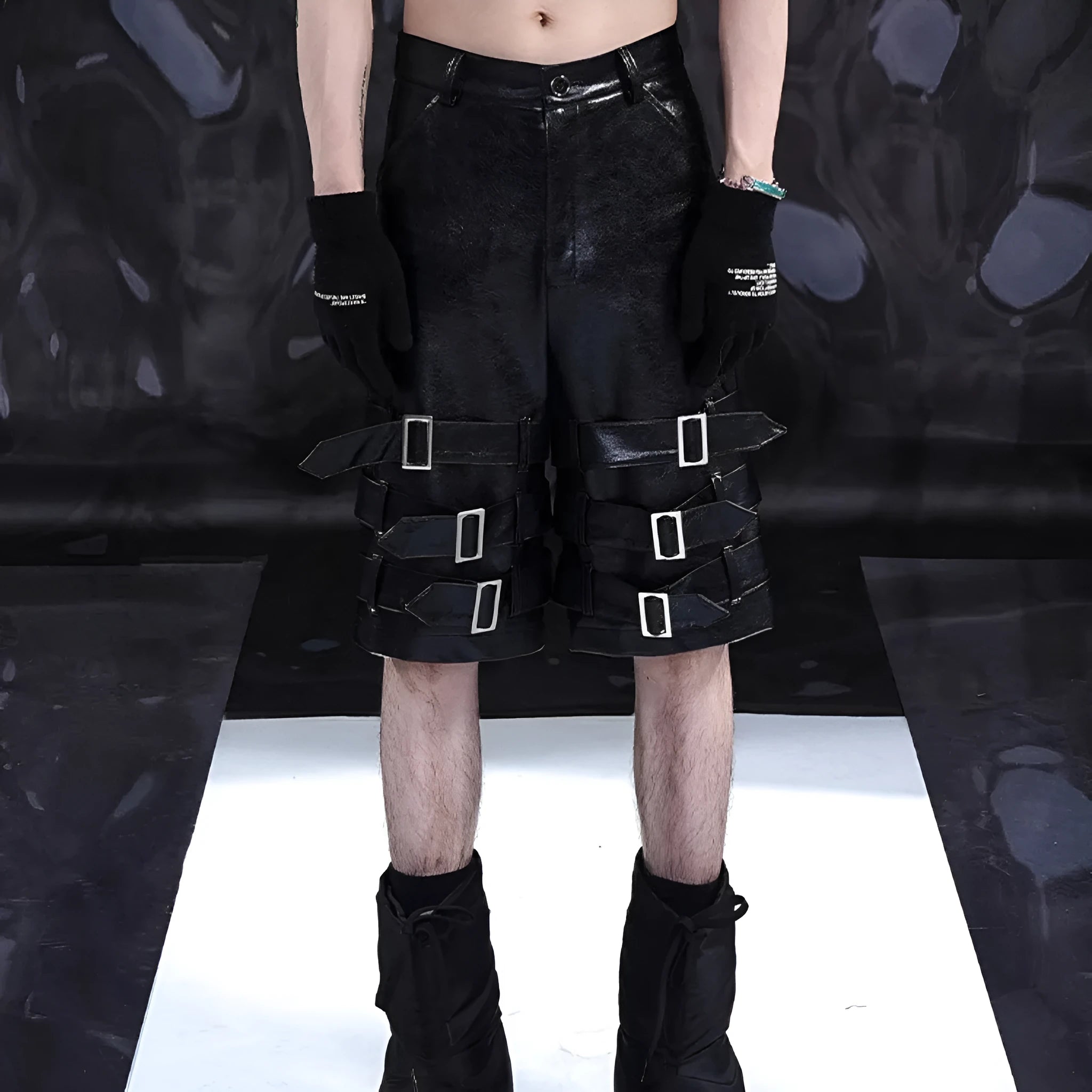 Black men's PU leather casual cropped shorts with a medium-low waist on a mannequin.