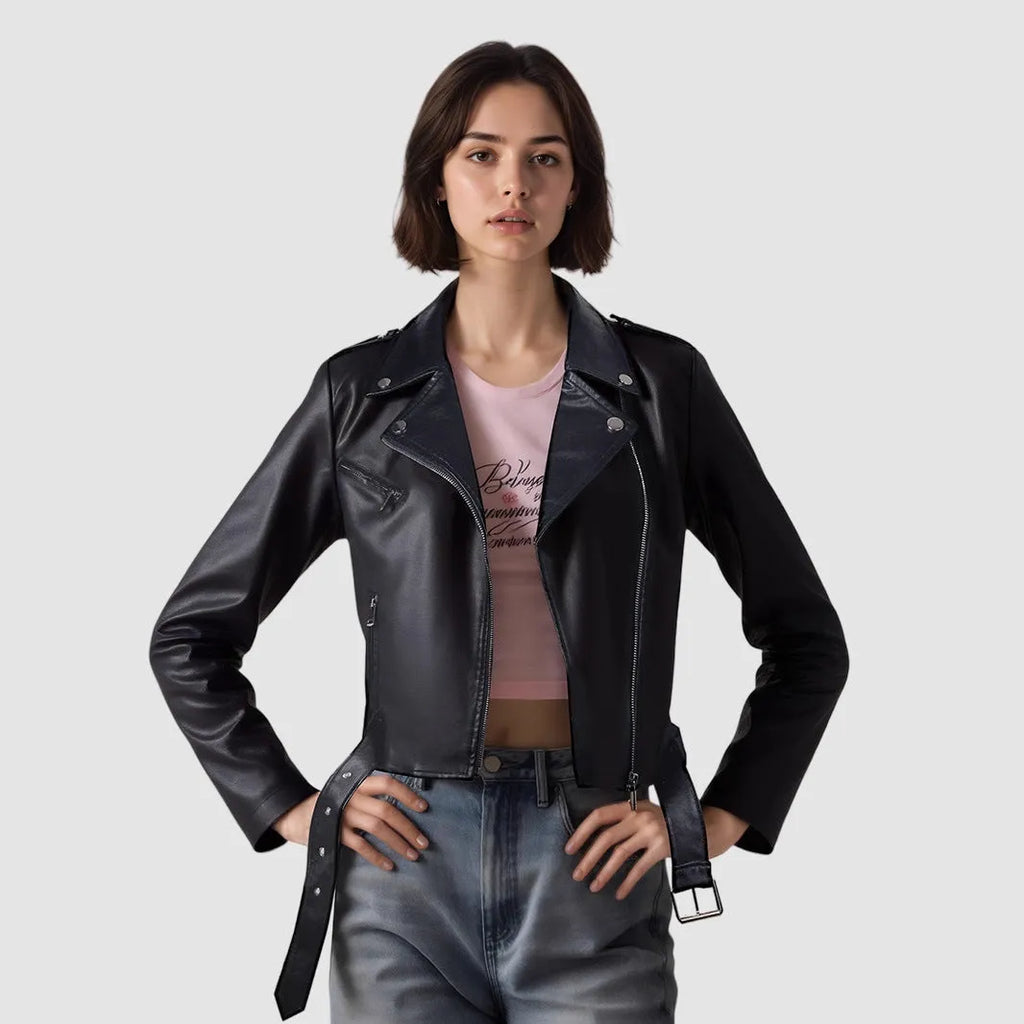 Women's black PU leather jacket with lapel waist belt on hanger
