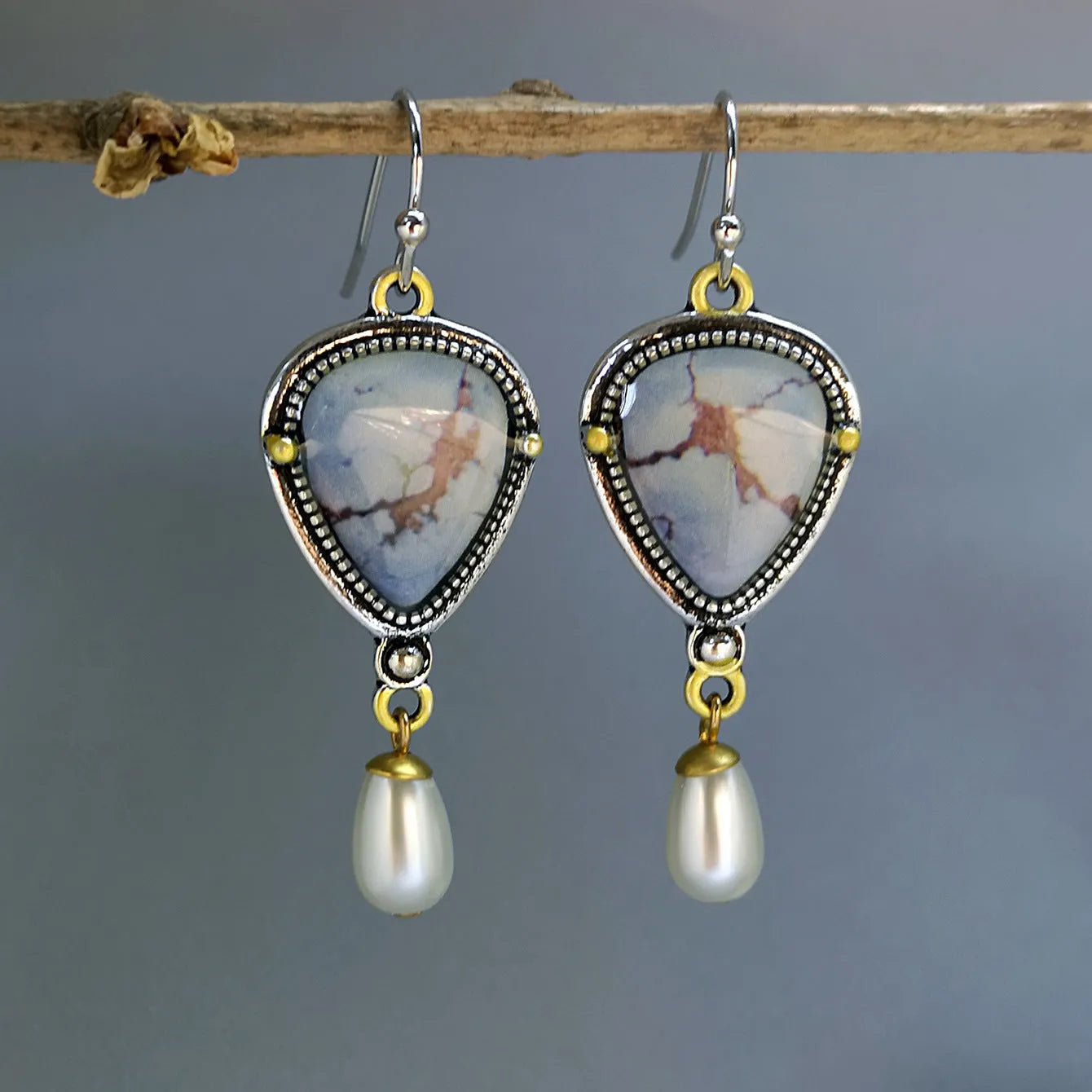 Retro blue Bohemian drop earrings with synthetic opal and pearl geometric design