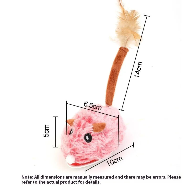 Rechargeable electric cat pole toy with a plush mouse in pink, dark grey, or purple colours on a charging cable.