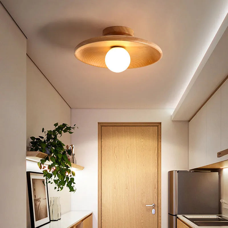 Modern solid wood and glass ceiling lamp in walnut colour showing three size options.
