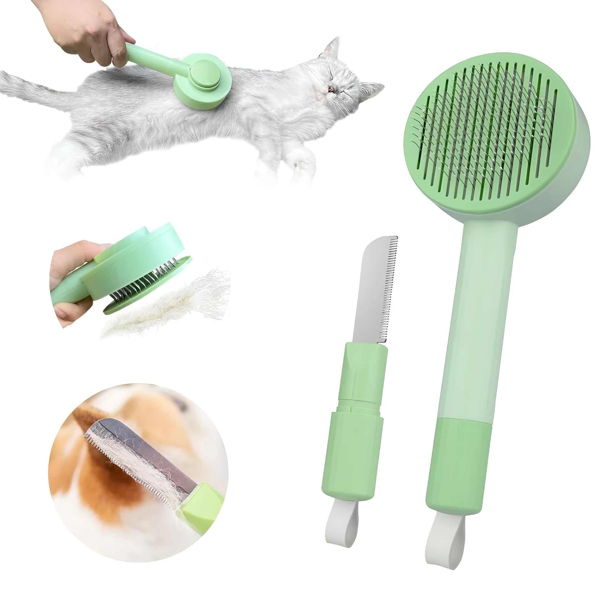 Green 2-in-1 pet grooming brush with stainless steel teeth for cats and dogs measuring 17.5cm