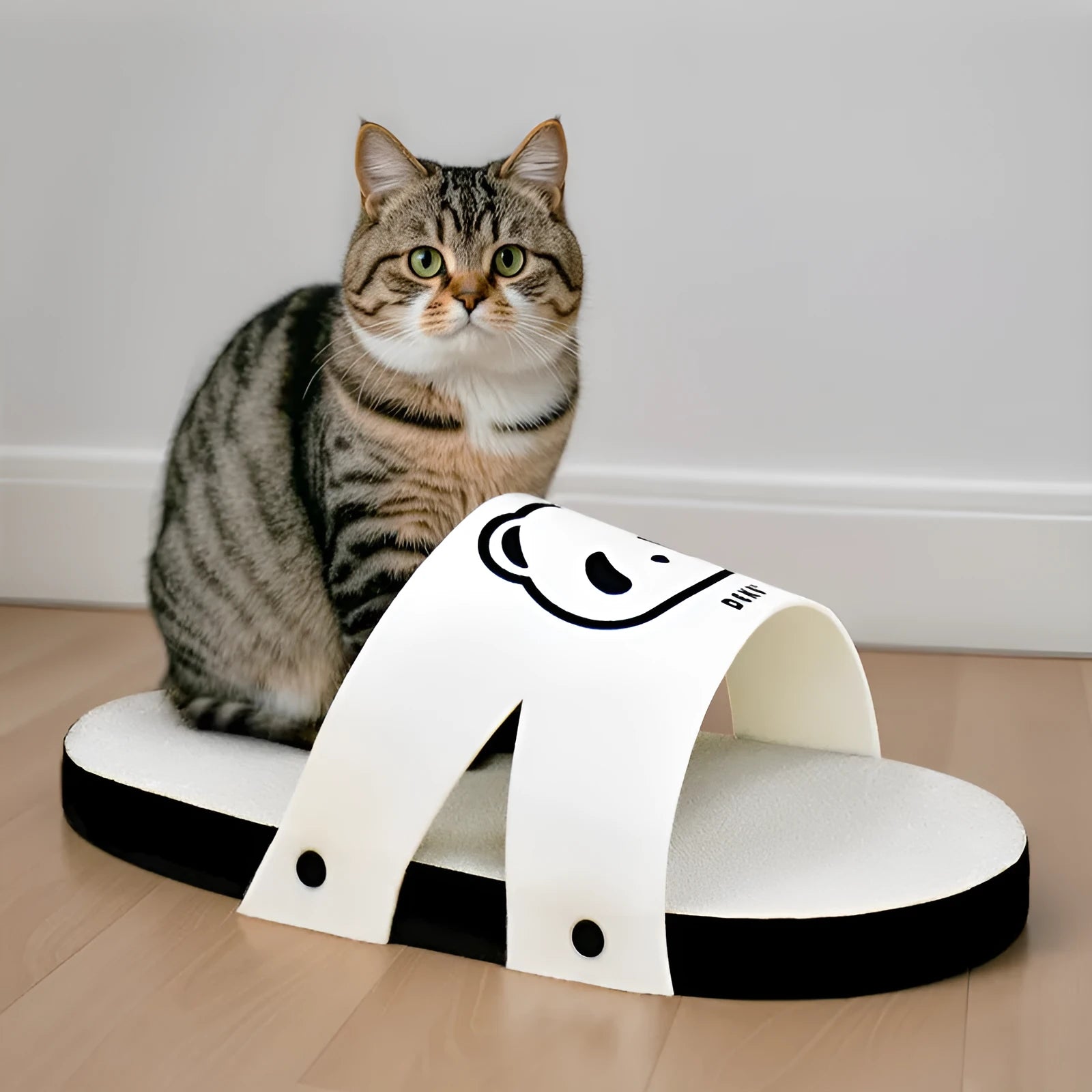 White corrugated paper cat scratch board with slipper-style shape for floor or wall use