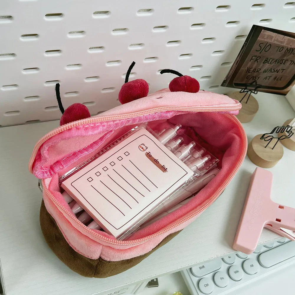 Korean style cherry cake design plush pencil case made from soft red velvet fabric.