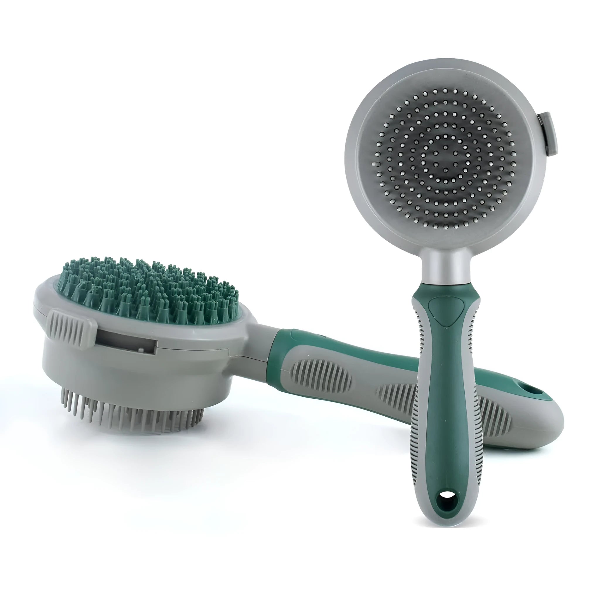 Green and pink 2in1 silicone pet brush showing slicker brush side and octopus-teeth massager side