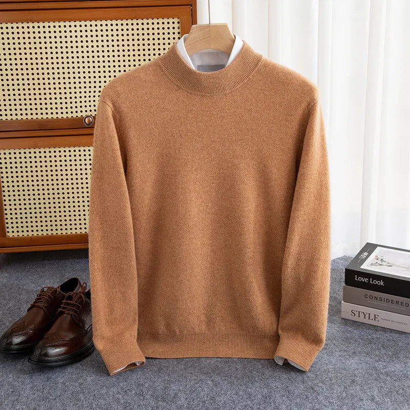 Men's loose fit half-turtleneck wool sweater in a neutral colour on a hanger.