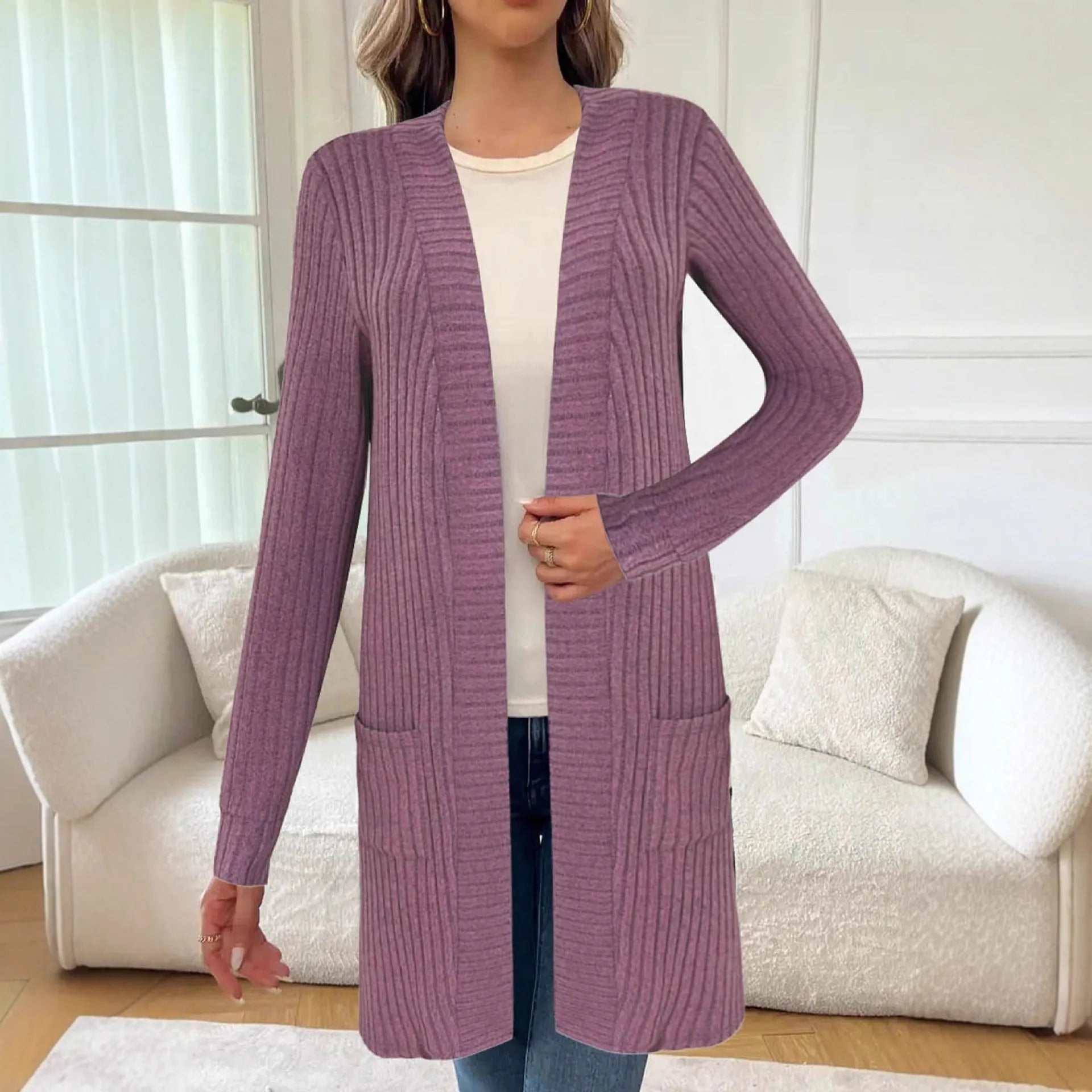 Long sleeve loose fit knitted cardigan jacket with pockets in black, wine red, or grey.