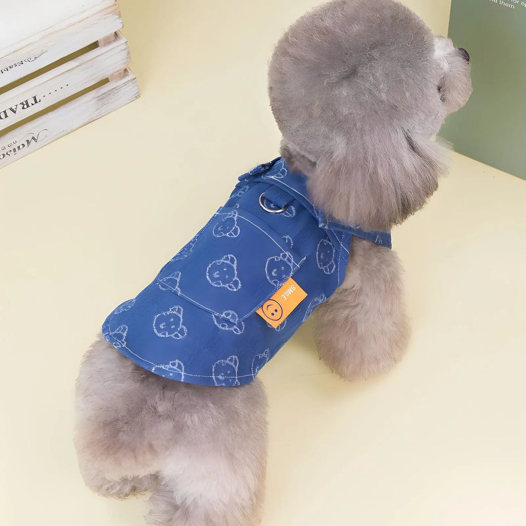 Denim blue princess dress for small dog with bracket skirt style on Bichon Frise
