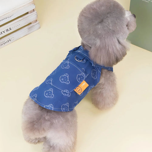 Denim blue princess dress for small dog with bracket skirt style on Bichon Frise