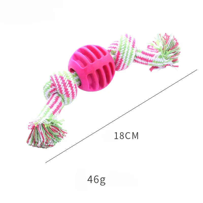 Blue molar-shaped dog chew toy with white ropes for teeth cleaning