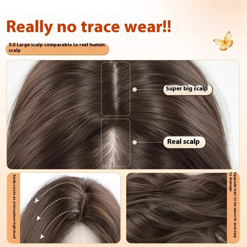 Full-head artificial hair wig with long curly style and side bangs in brown colour options