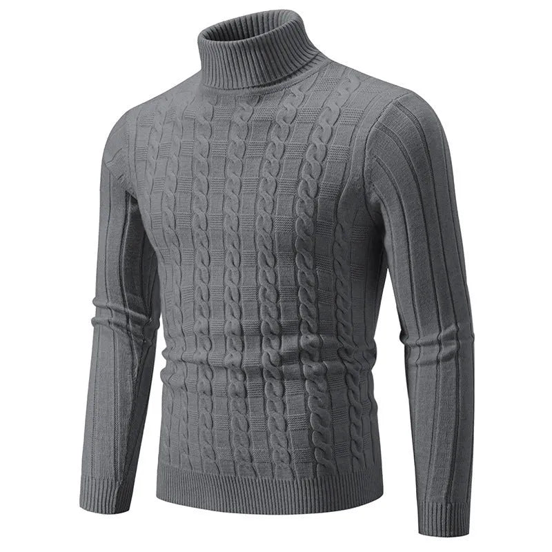 Man wearing a slim fit beige chenille turtleneck pullover sweater