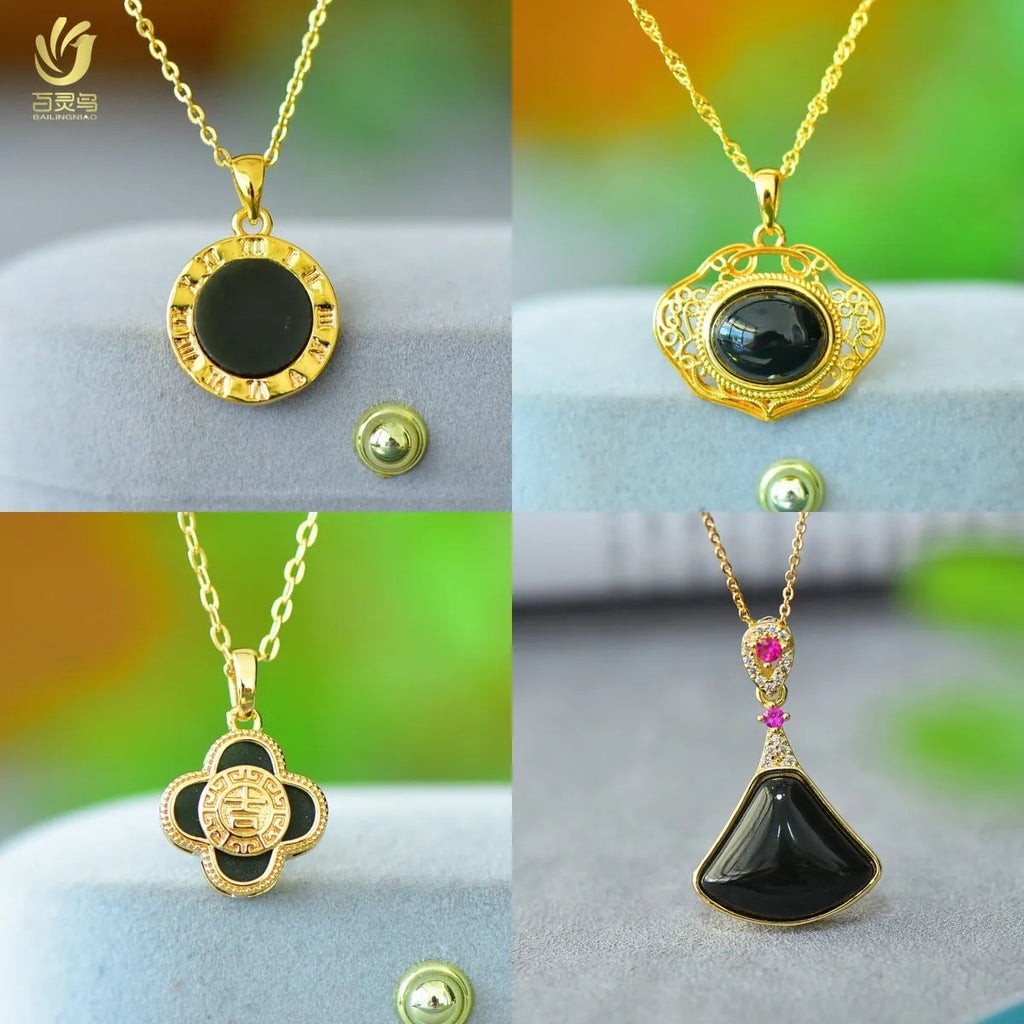 Flat copper inlaid pendant with natural ink blue Hetian jade stone on a necklace.